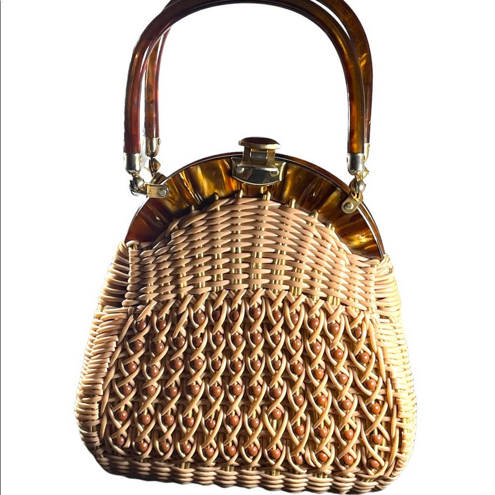 #37 VTG  Wicker Lucite handle fancy woven basket bead purse - Picture 15 of 16